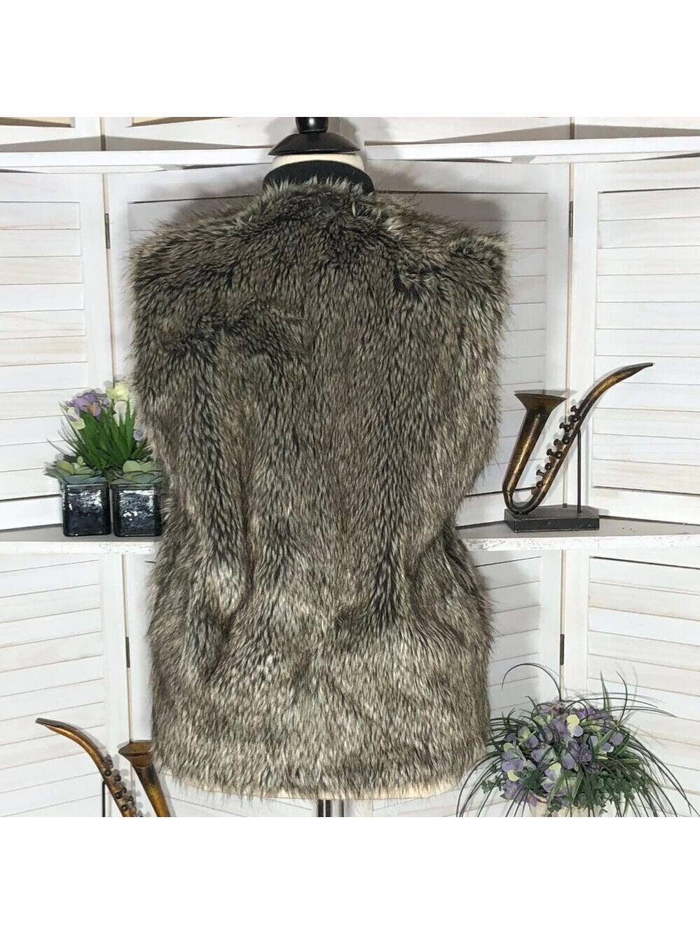 ASOS Faux Fur Vest Brown Gray Large - Picture 2 of 11